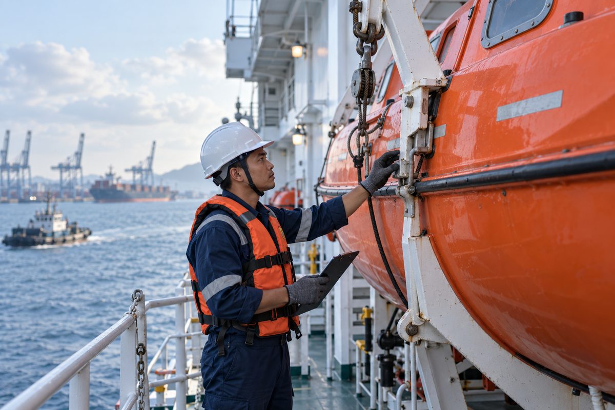 Inspeksi lifeboat di kapal